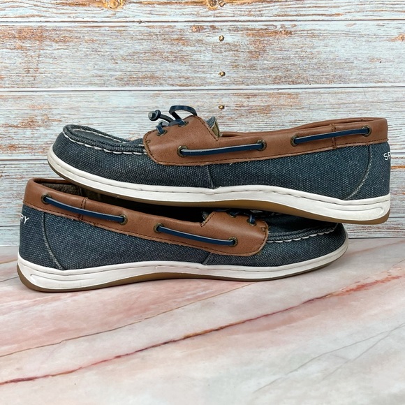 Sperry Firefish Top-Sider Blue Glitter Canvas with Tan Leather trim - Picture 6 of 9